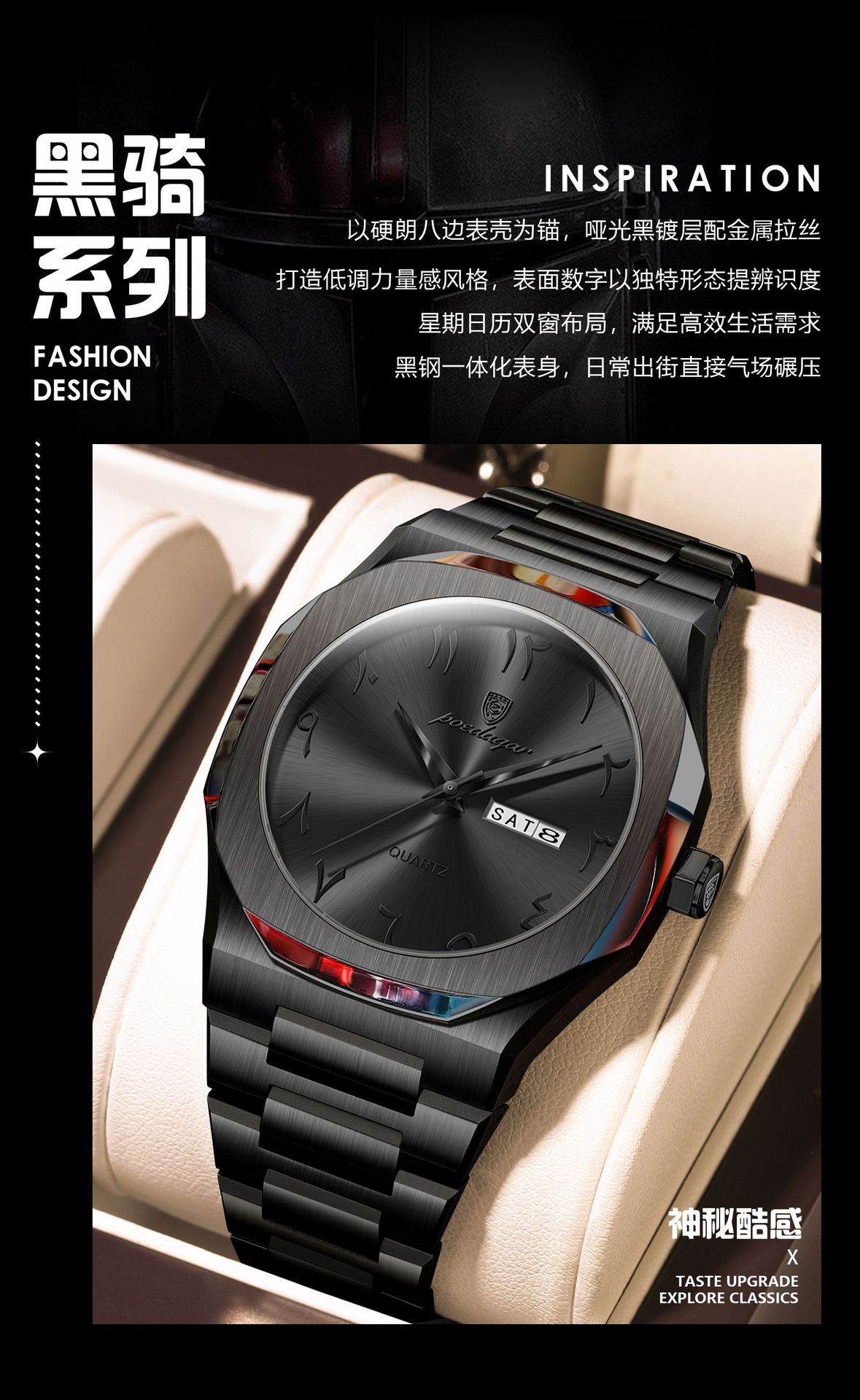 Men's quartz watch, waterproof, dual calendar