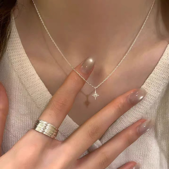 S925纯银八芒星项链女小众设计感精致轻奢百搭气质镶钻星芒锁骨链