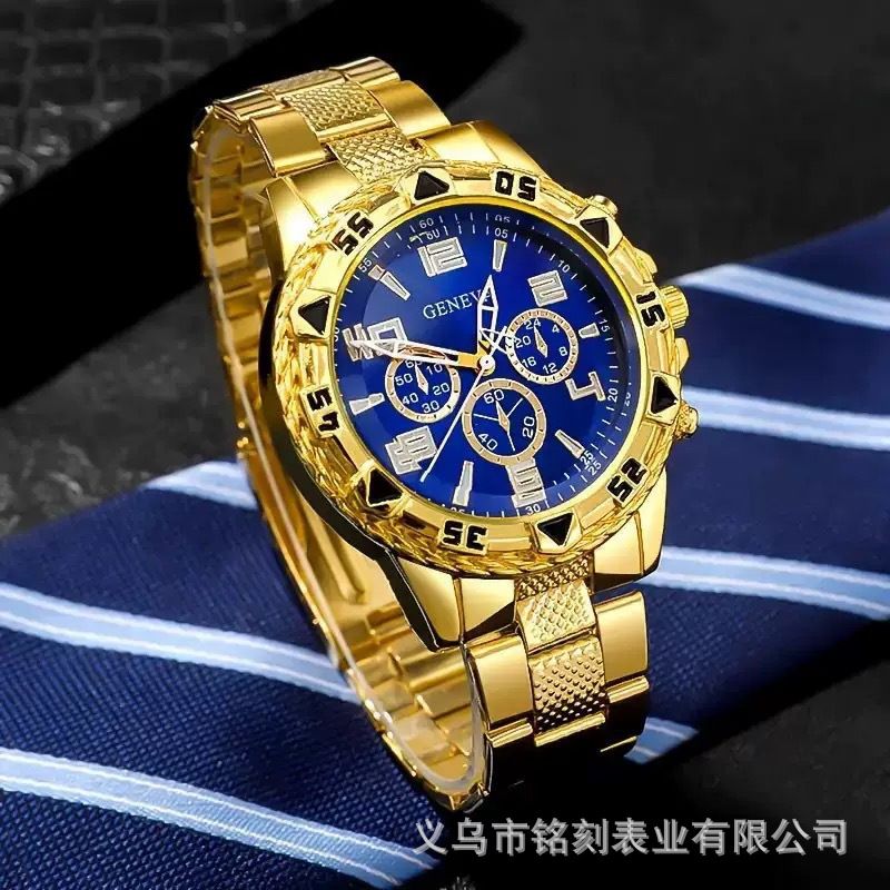 temu爆款男士石英手表时尚钢带腕表厚玻璃下三眼手表源头厂家批发