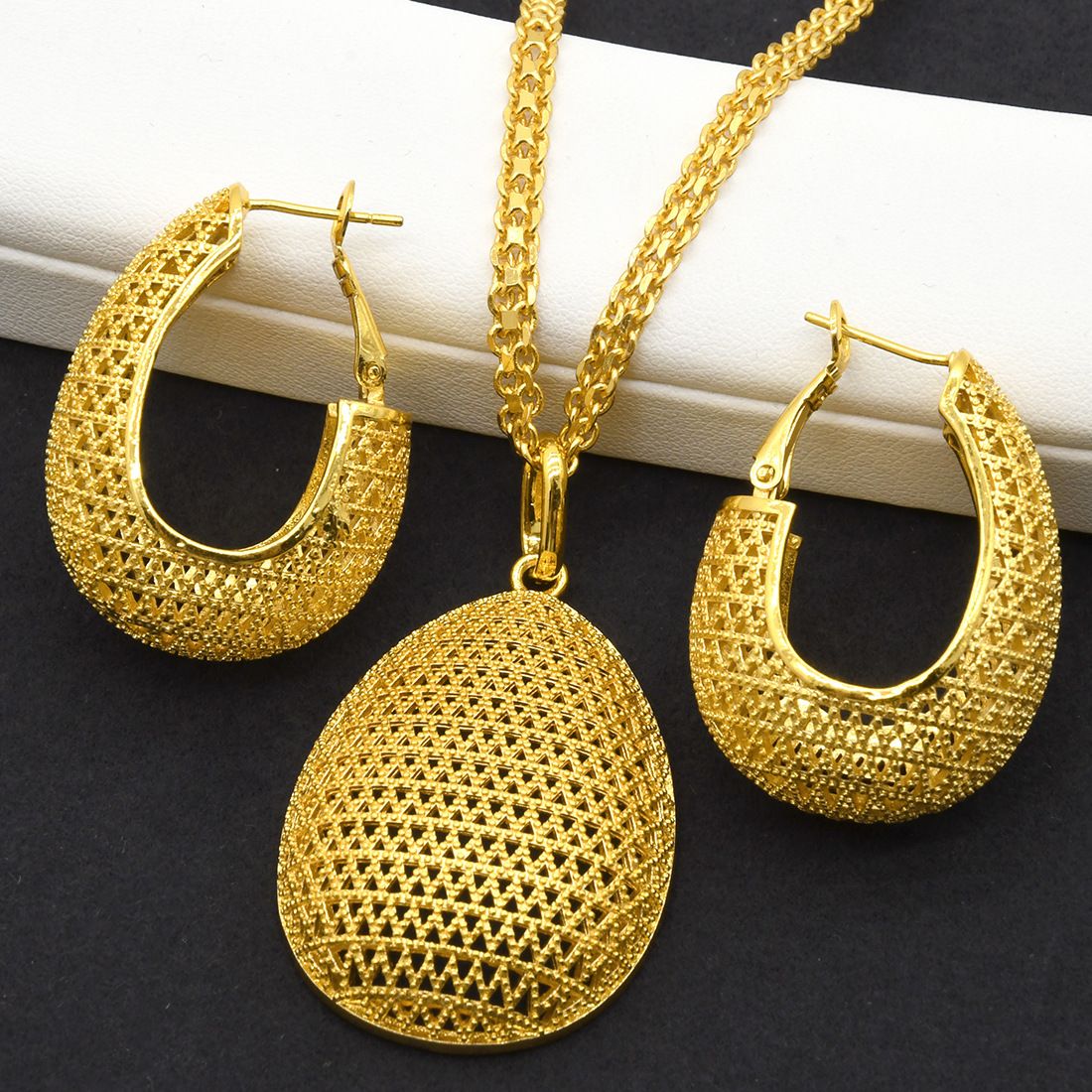 24K altın kaplı bakır takı seti kolye küpe geometrik