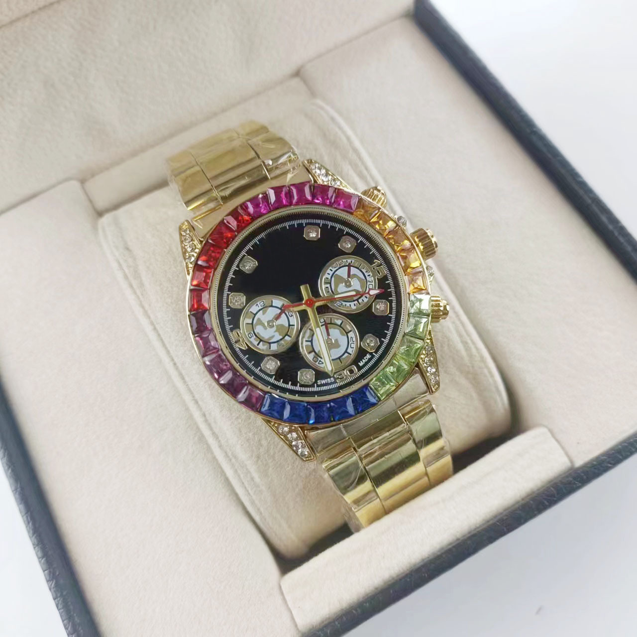 Rainbow men's quartz watch, steel band, diamond bezel