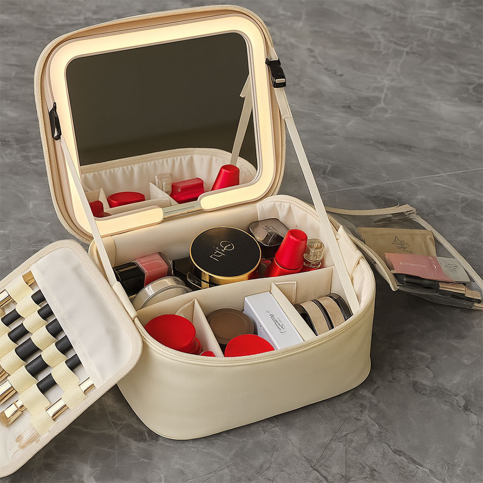 Makeup bag with mirror and LED light, portable organizer