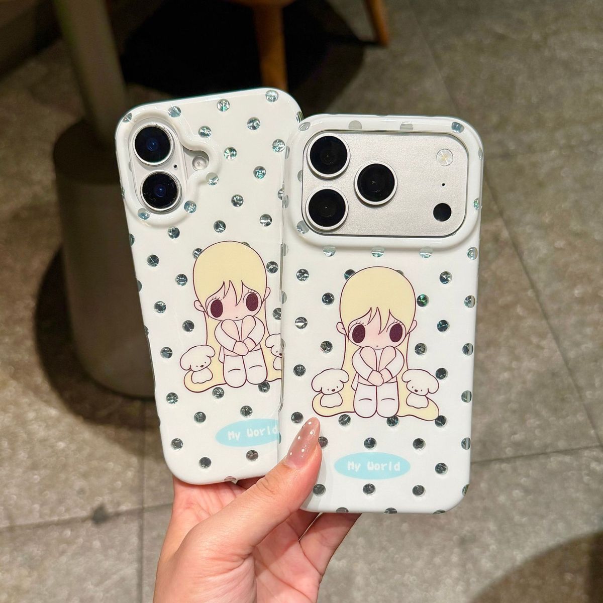 Japanese-style blue polka dot autumn cute double layer case, compatible iPhone 16-18 Pro M