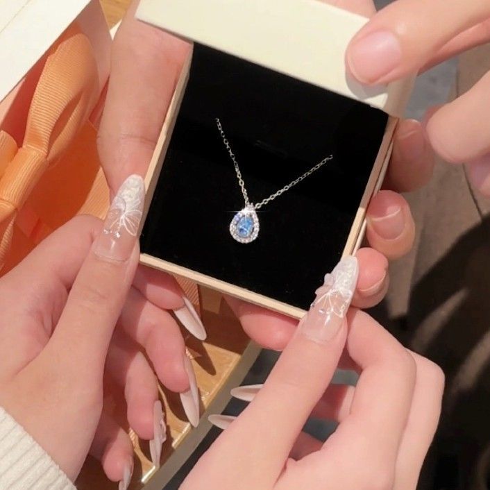 S925 gümüş mavi gözyaşı kolye, damla tasarım