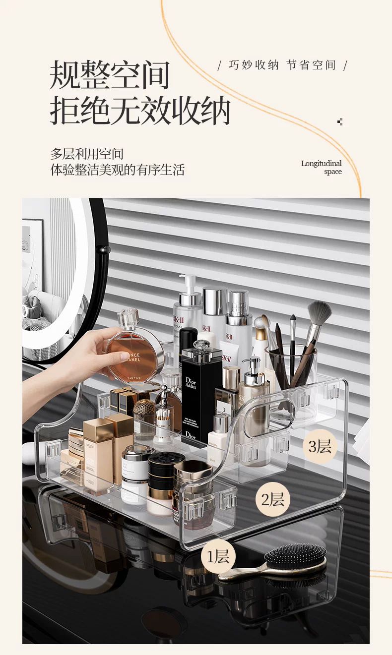 Clear acrylic cosmetics organizer, multi-layer