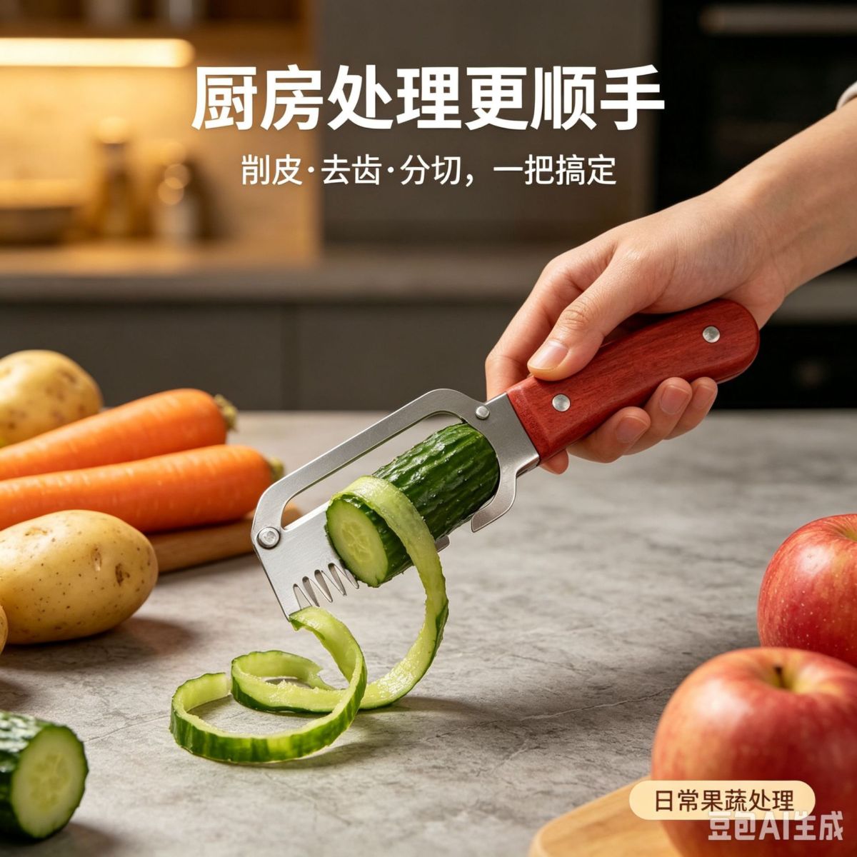 多功能不锈钢削皮刀木柄家用刮皮刀带齿梳切葱丝神器厨房果蔬刨刀
