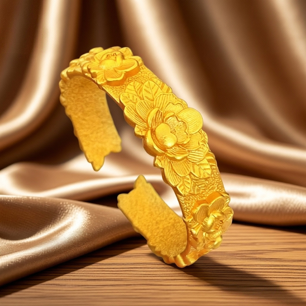 3D carved peony bracelet, solid gold-colored Chinese style
