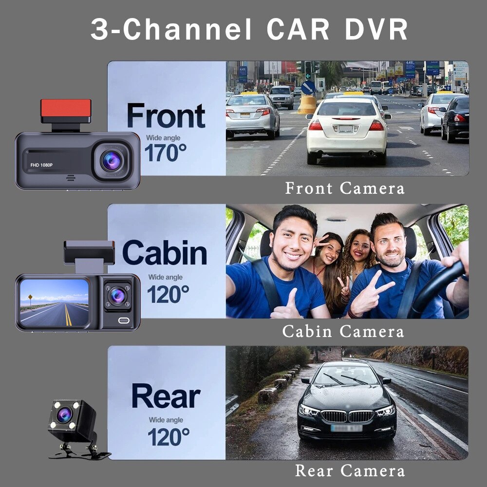 Üç kameralı araç kaydedici, 1080P Full HD, ön/arka/iç kamera, WiFi
