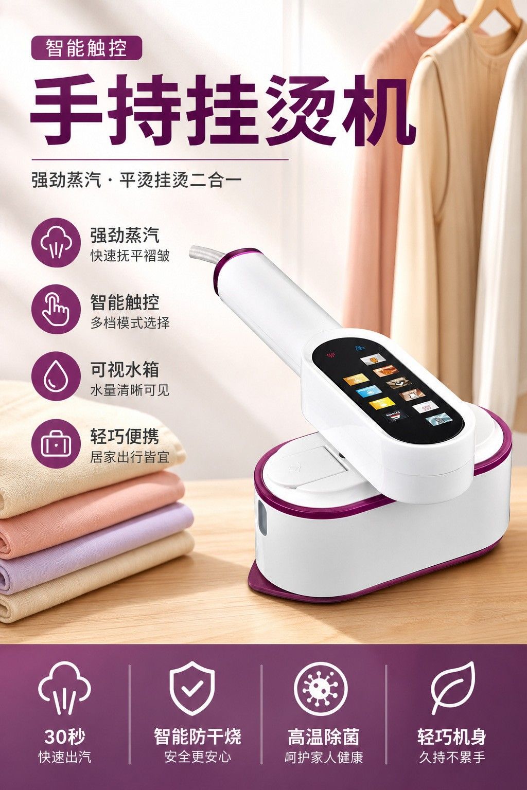 Smart color screen handheld garment steamer, portable mini compact