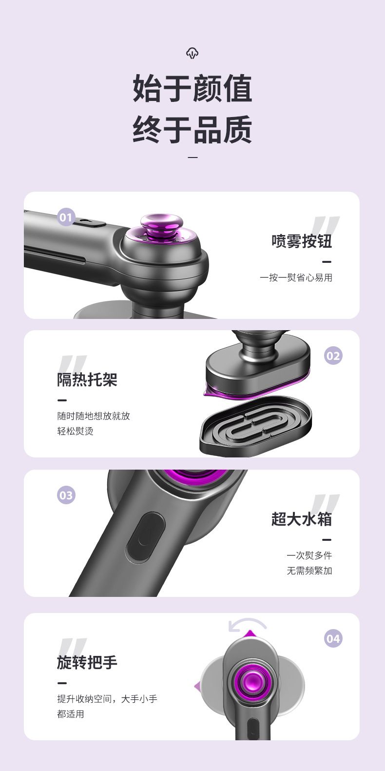 Smart temperature control steam iron, flat and hanging use, foldable