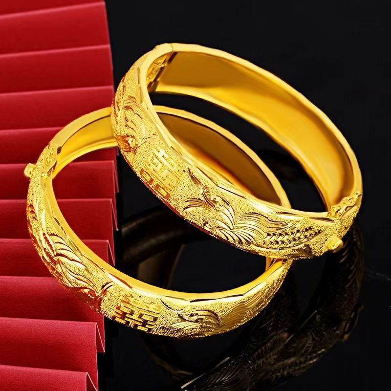 真金电镀结婚手镯开口宽版双喜龙凤镯子高仿金女新娘婚庆金猪吊牌
