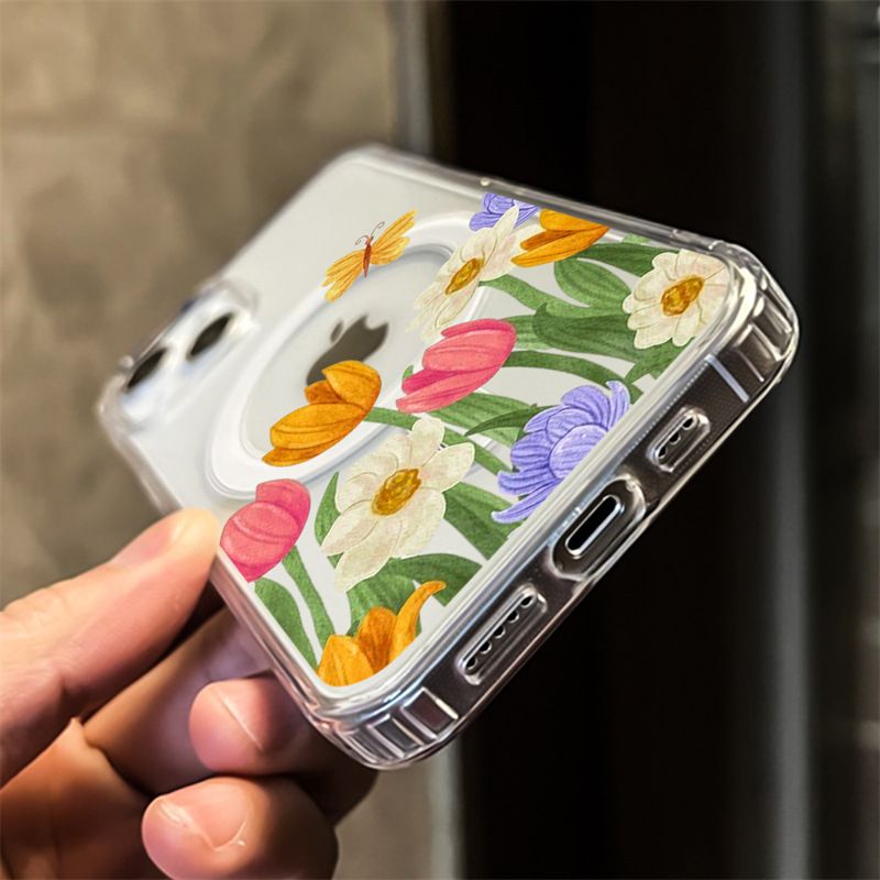 Apple iPhone 16E magnetic case, purple flower pattern TPU+PC