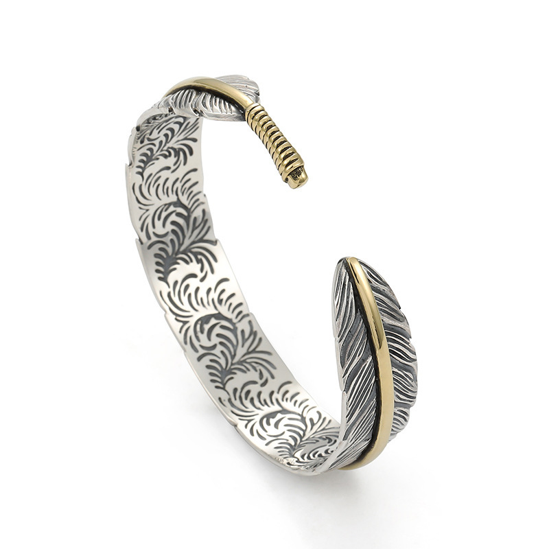Tang pattern feather open cuff bracelet, men's stainless steel