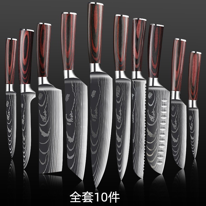 Knife set, stainless steel, colorful wood handle, cutting board