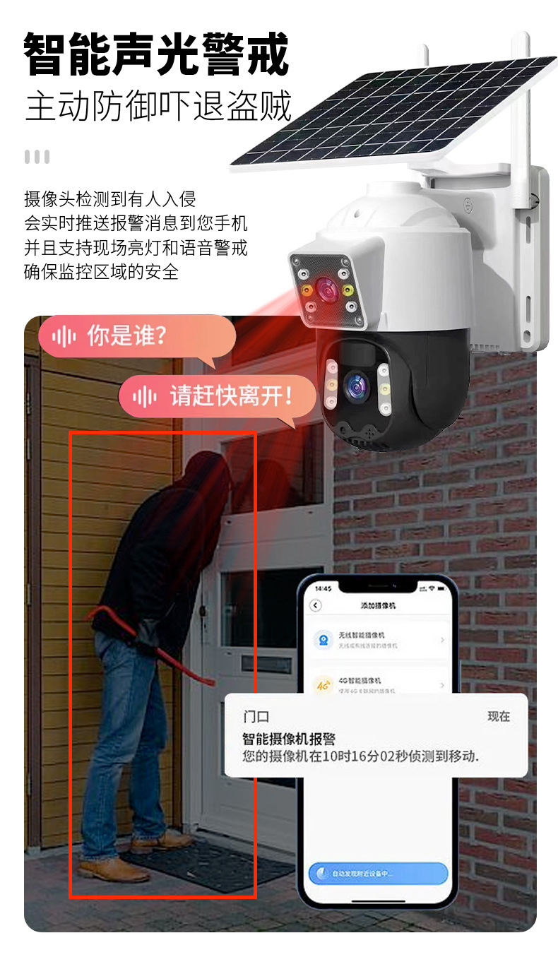 Solar-powered dual-lens WiFi surveillance camera with HD night vision