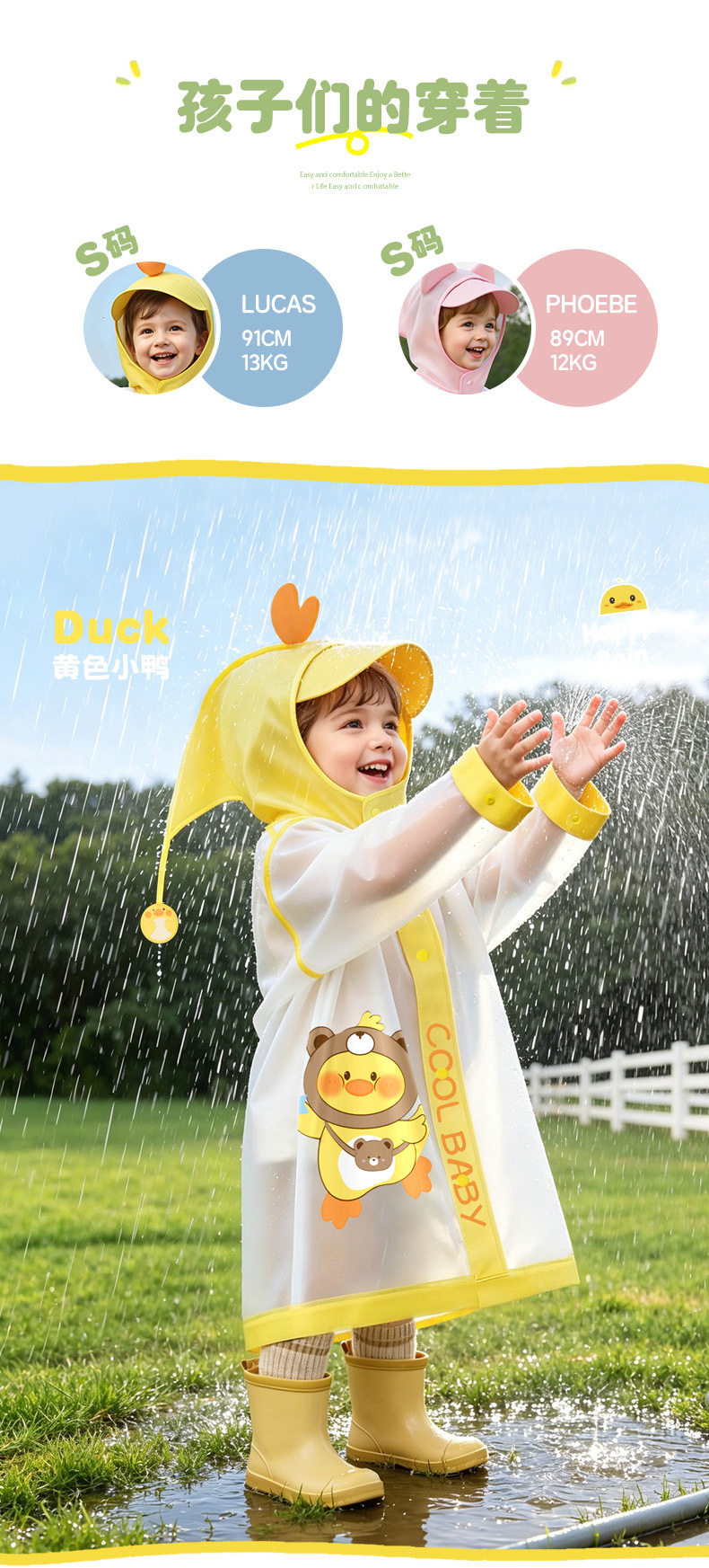 Beimei children's raincoat ages 3-6, EVA with backpack opening