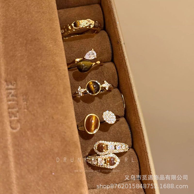 Tiger eye star water drop open ring