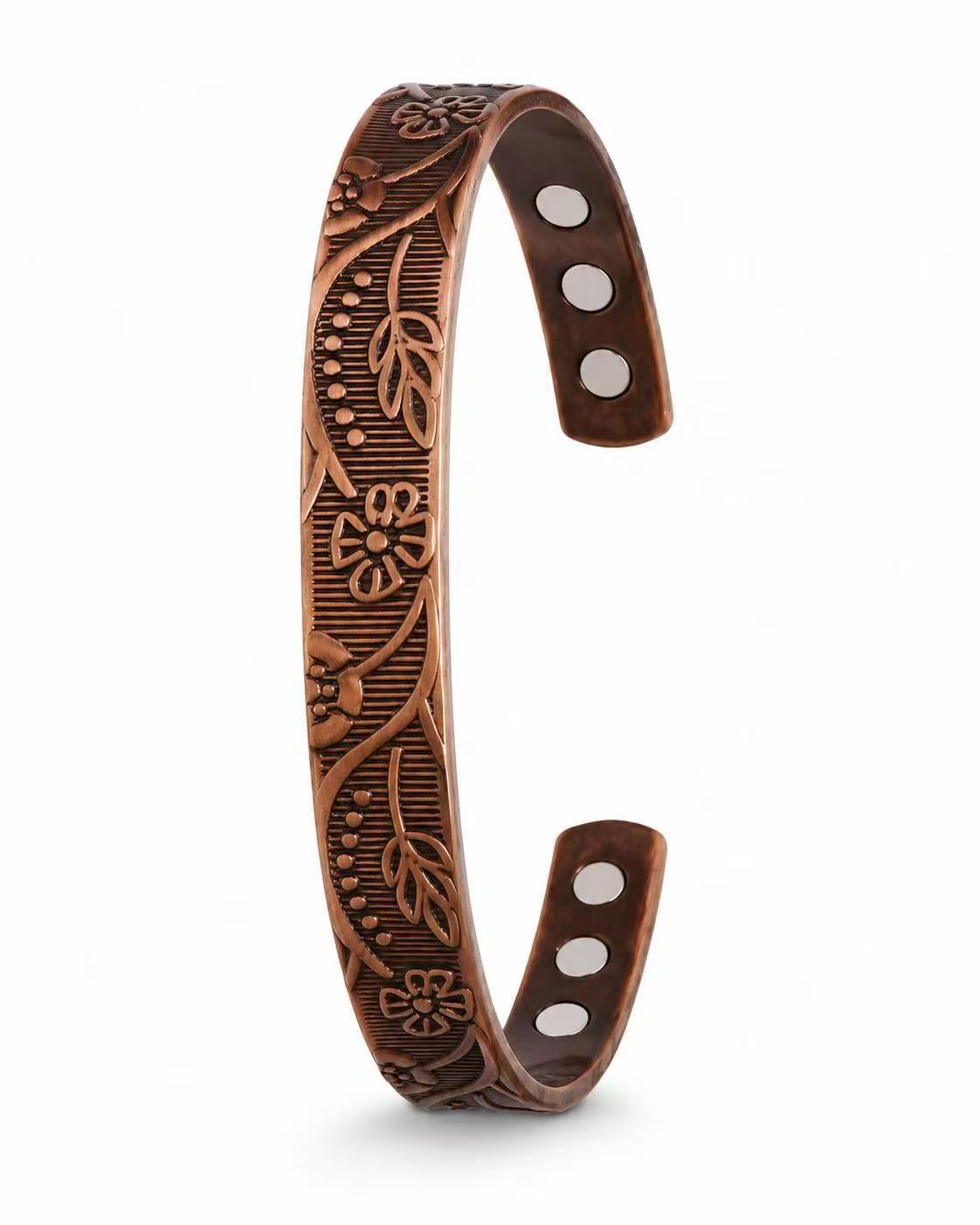 Antique copper bracelet, open design, magnetic adjustable