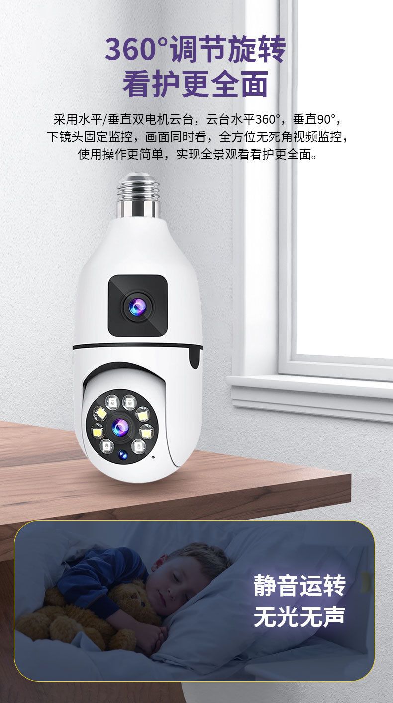 Wireless HD security camera E27 bulb type, night vision, 360 degree