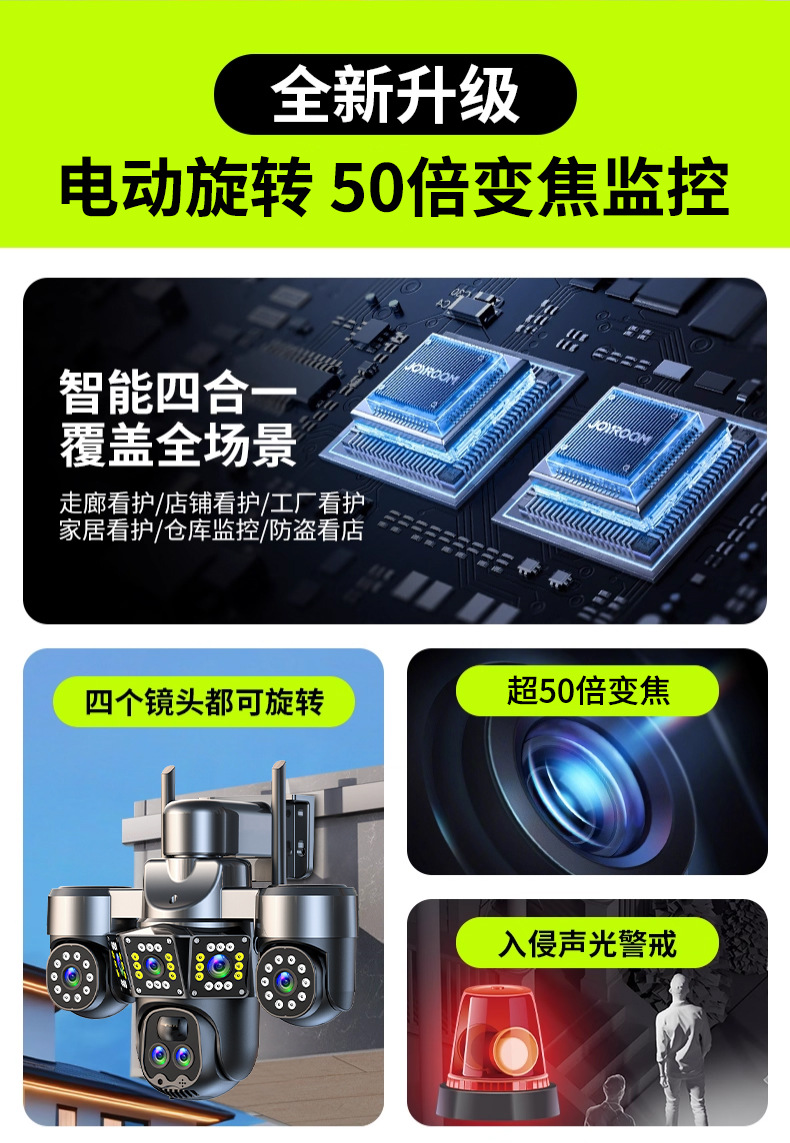 Solar security camera, 340° wide view, 5-panel, remote mobile control