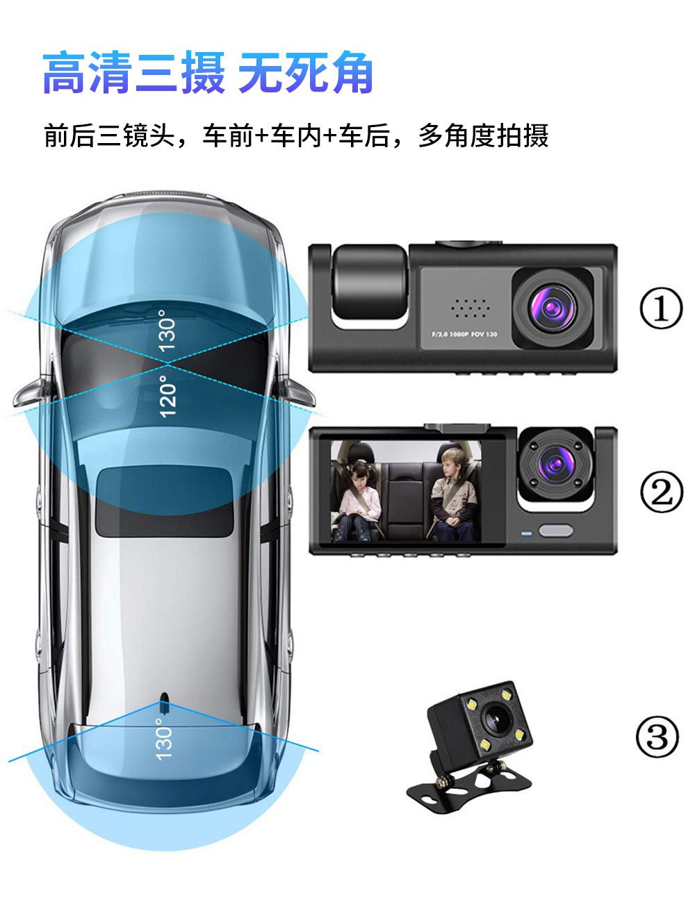 Three-lens dash cam, wireless, night vision, WiFi connected