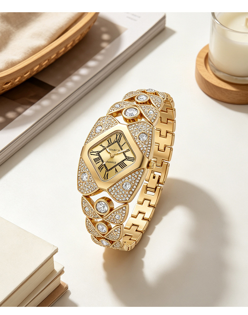 Women's quartz watch, diamond-studded vintage bracelet style