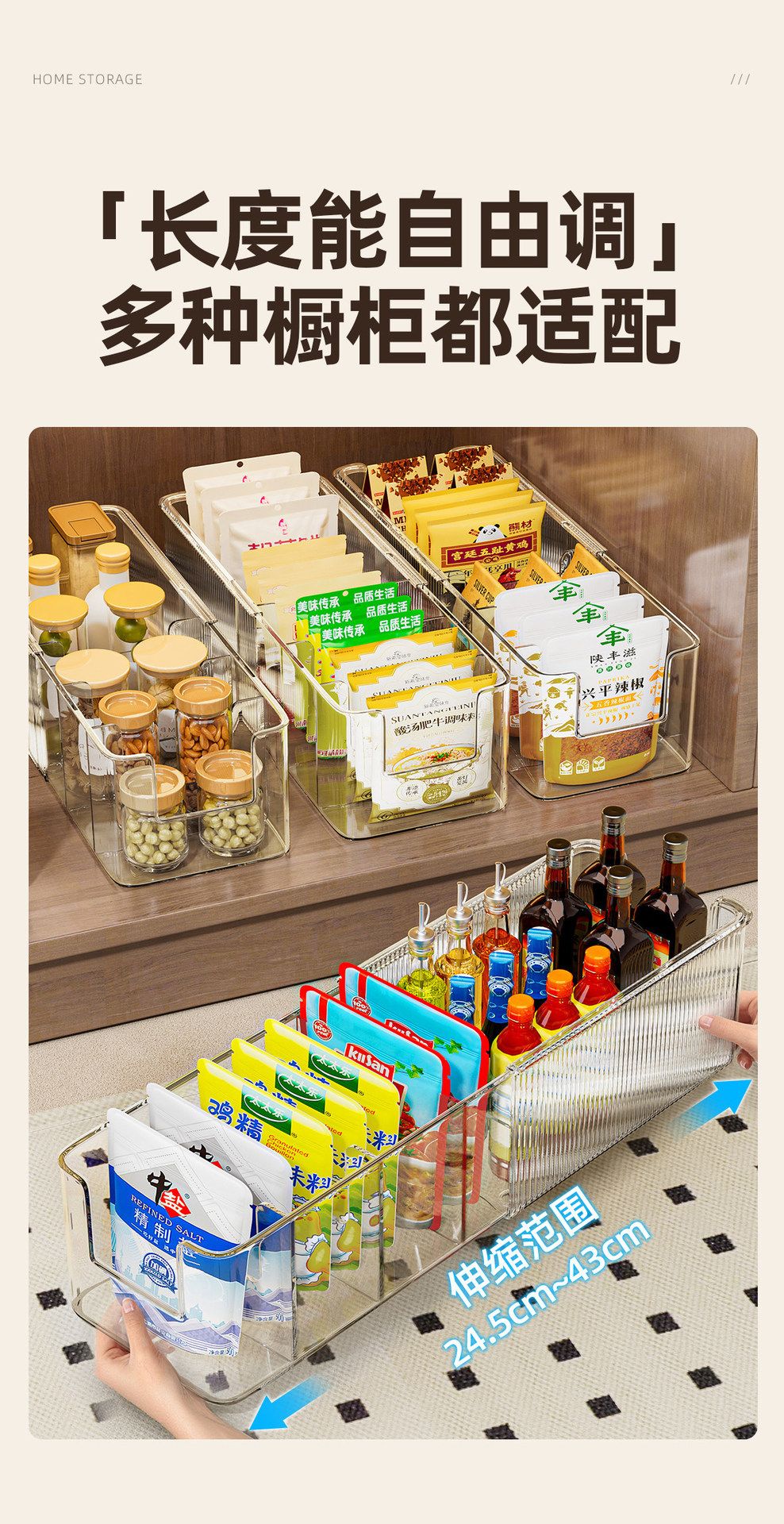 Spice storage box with telescopic rack organizer