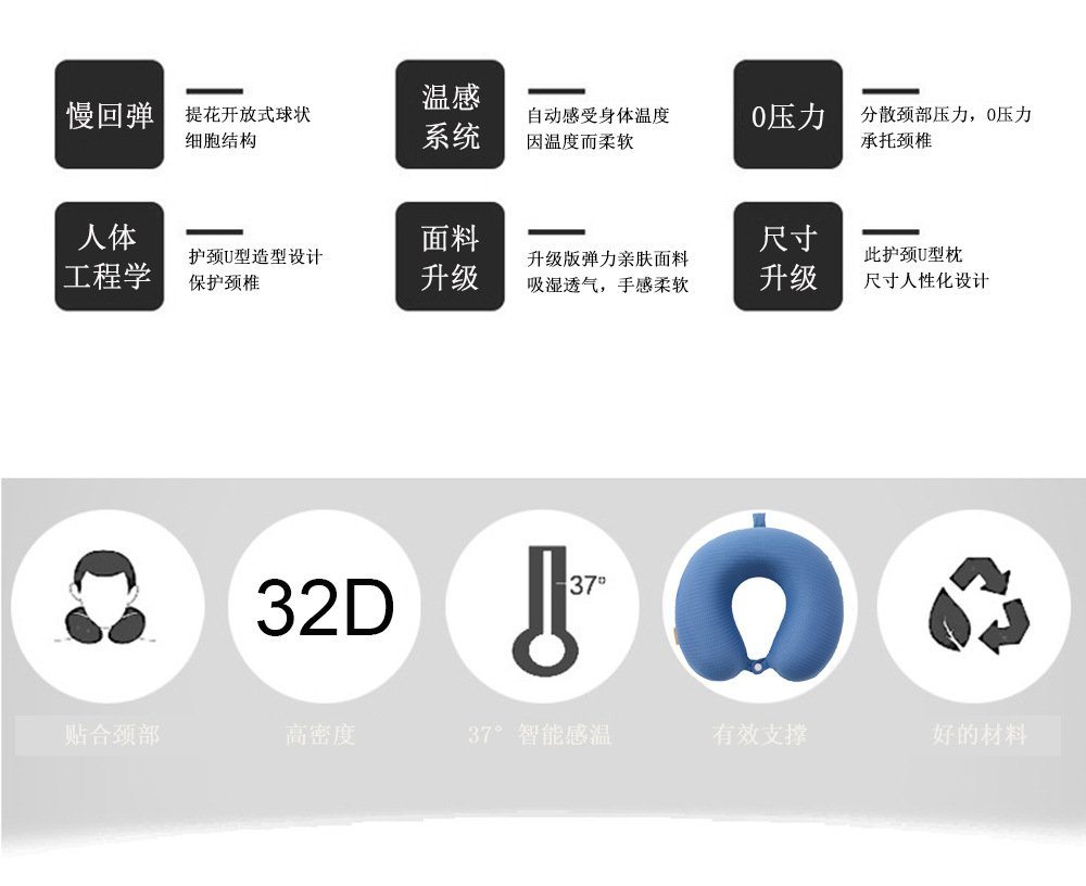 U型枕记忆棉优质夏冰丝颈椎枕头凉感慢回弹办公护颈枕脖枕午睡枕