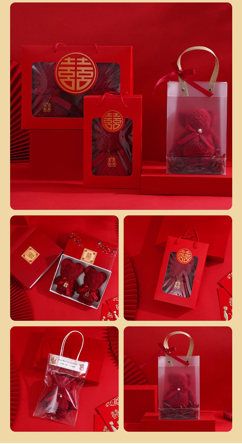 Coral velvet wedding towel with commemorative bear box and trousseau gift set