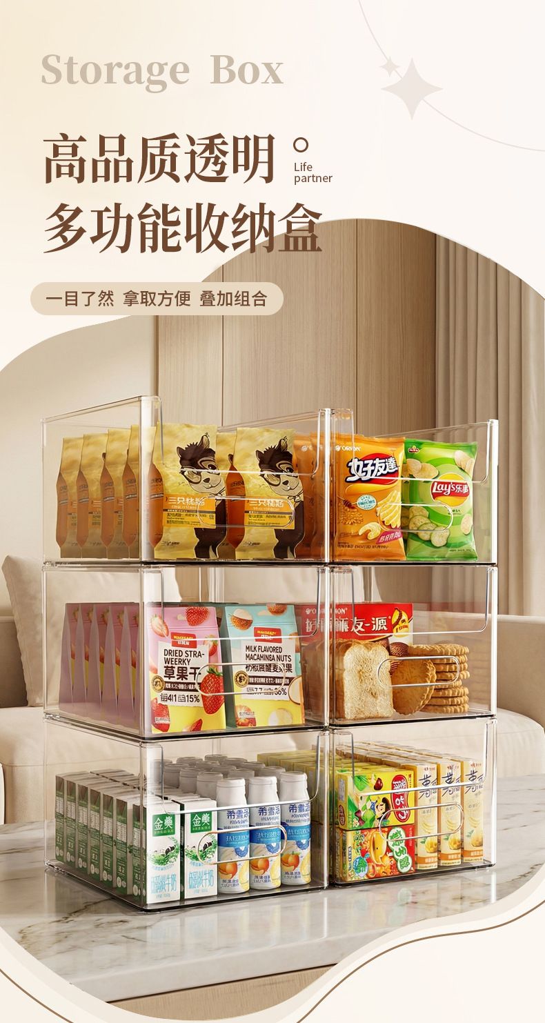 透明杂物收纳筐家用橱柜零食玩具置物篮长方形塑料桌面储物收纳盒