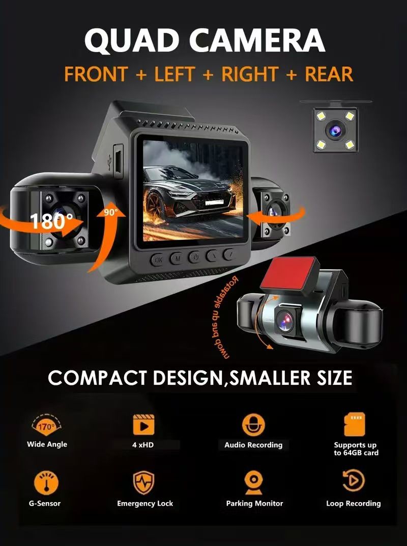 Dash cam 4-lens, 1080P HD, night vision, WiFi