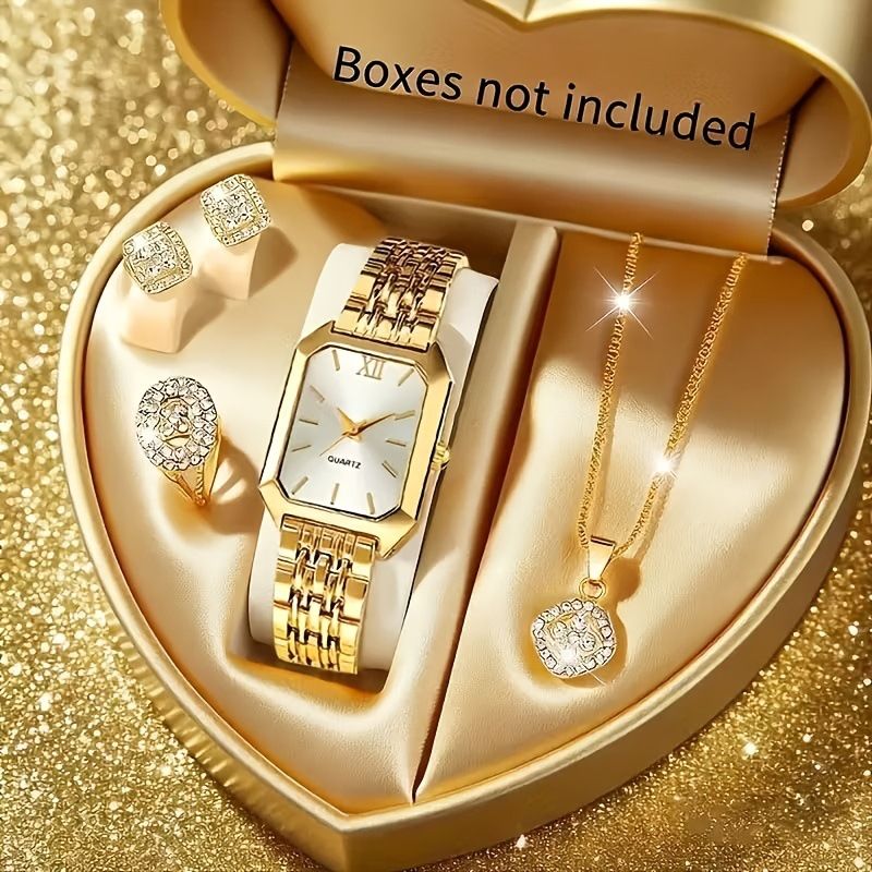 5-Piece Square Dial Women's Quartz Watch Set with Necklace