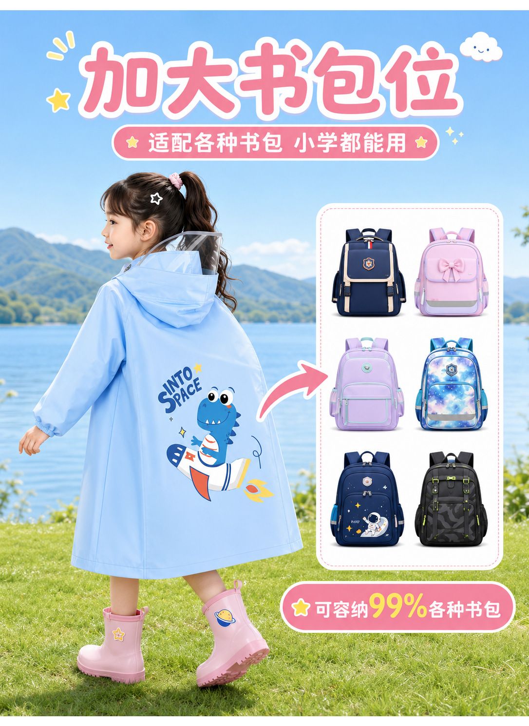 Children's raincoat, full body waterproof, backpack opening