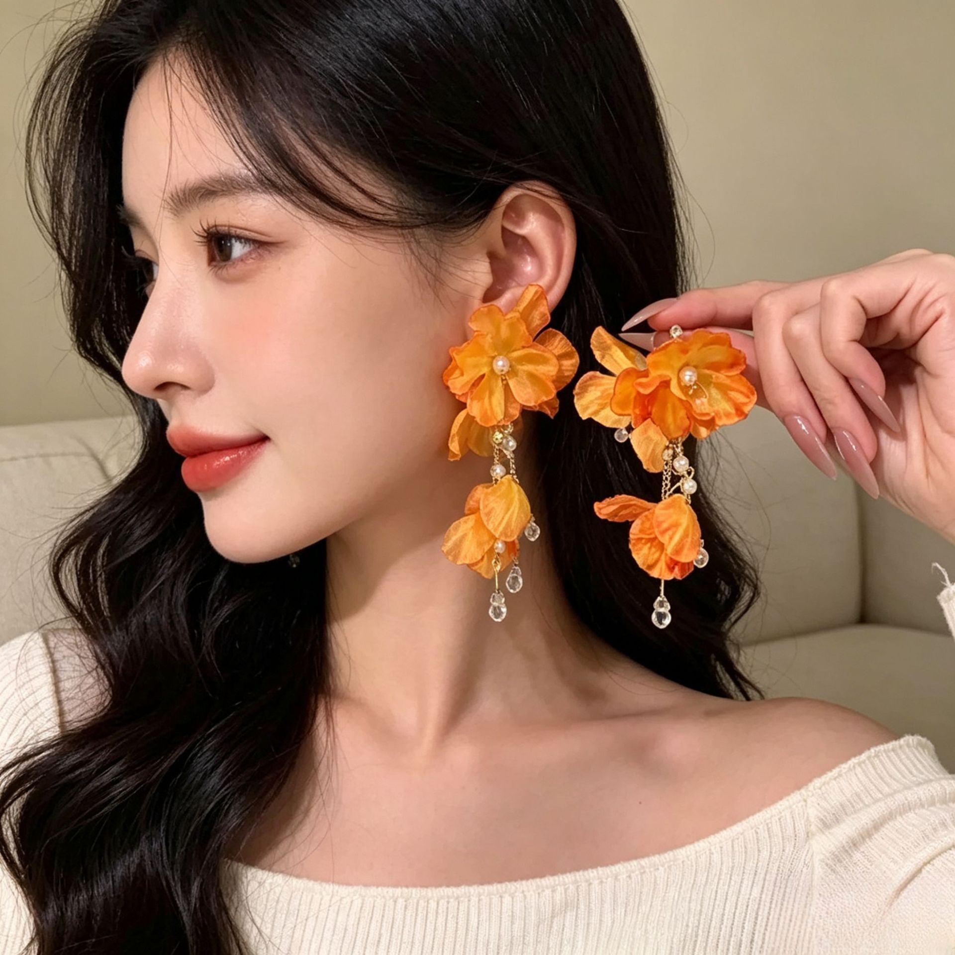 Fabric flower earrings, spring summer style, lightweight luxury