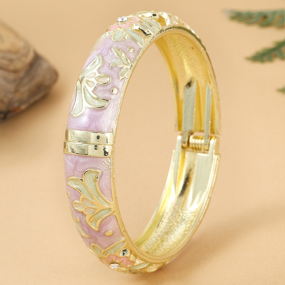 Cloisonné bilezik, çiçek desen, taşlı, geniş model