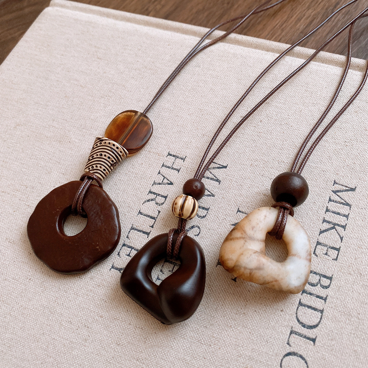Geometric wood bead resin pendant necklace, vintage, long