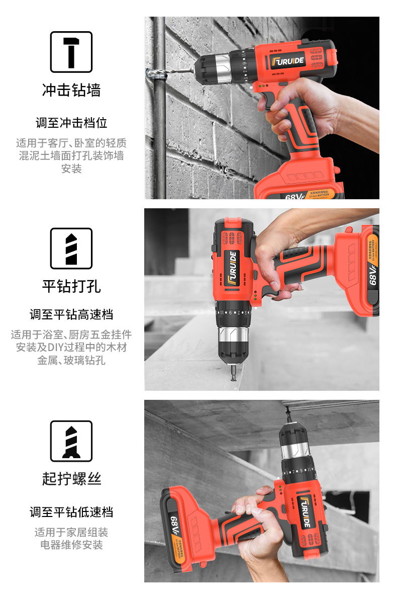 Brushless impact drill, lithium battery, multifunctional