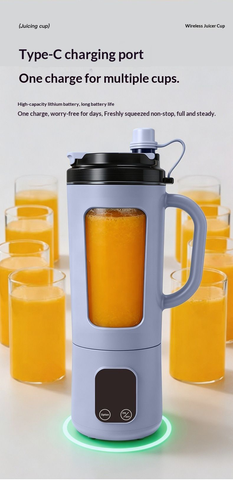 Portable USB rechargeable blender with 8 blades, touch screen, ice crushing function