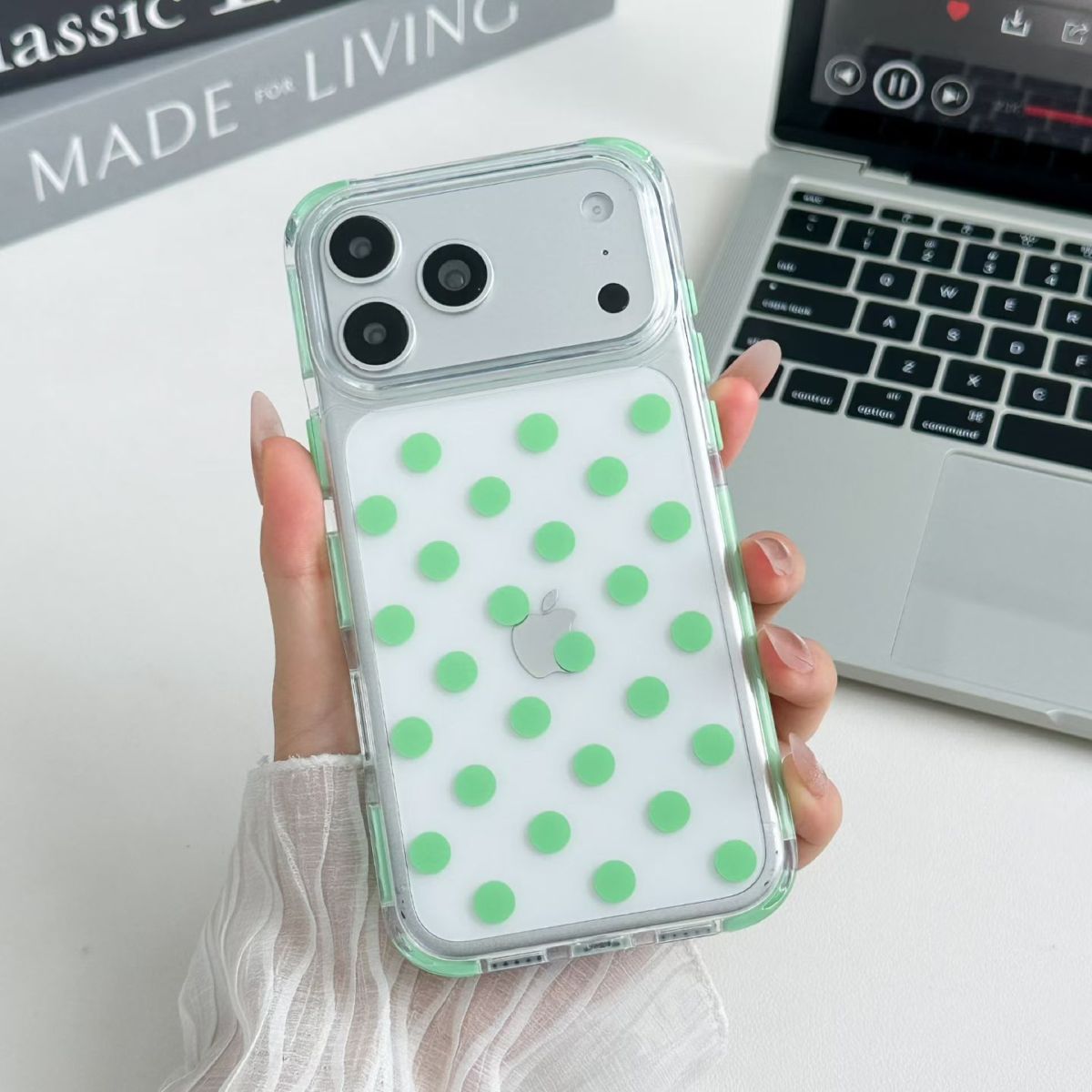 iPhone 17 women's phone case, camera protection, green dot pattern