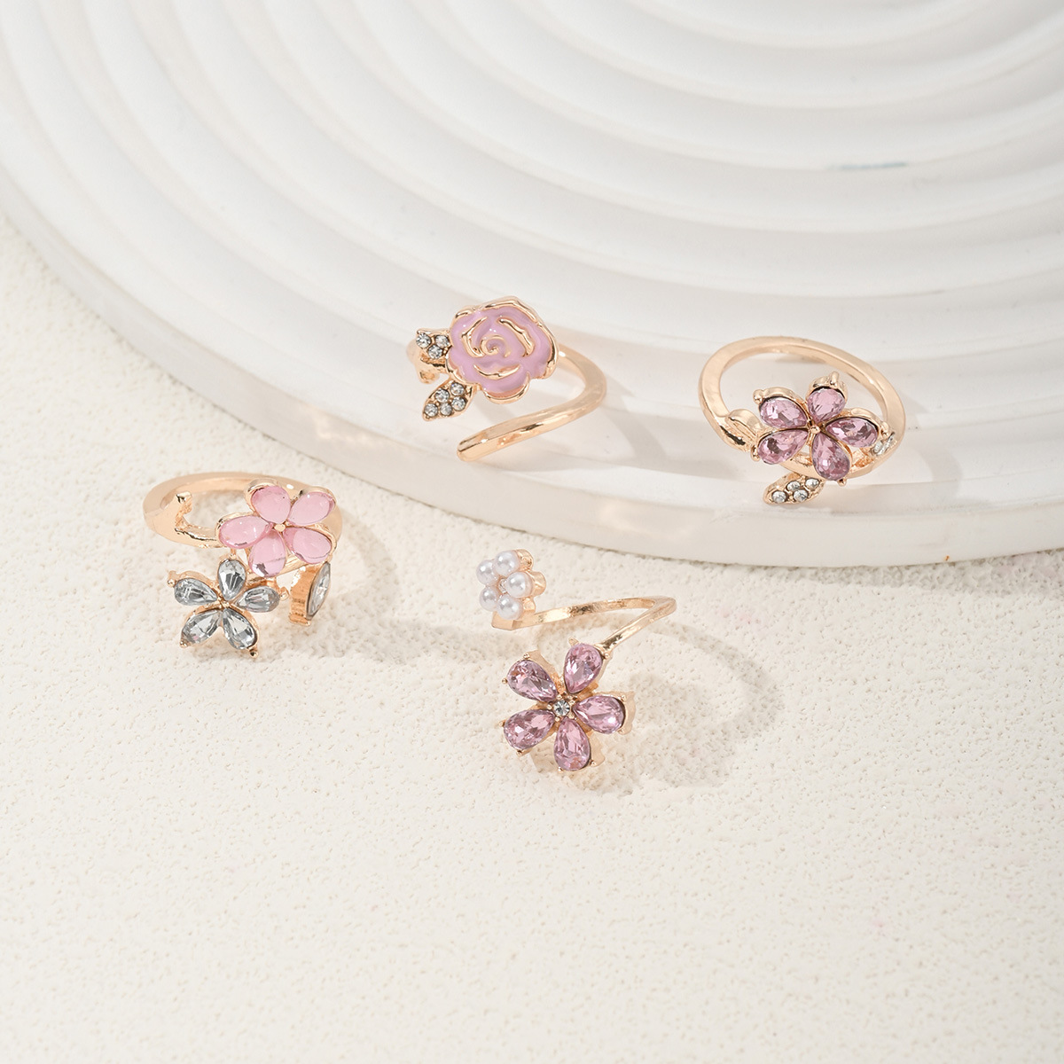 Pink flower ring set, sweet style, cubic zirconia stones