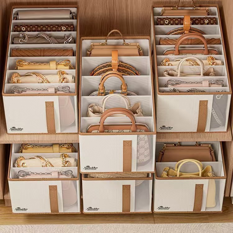 Handbag storage box with lid, wardrobe organizer, compartmentalized, large capacity