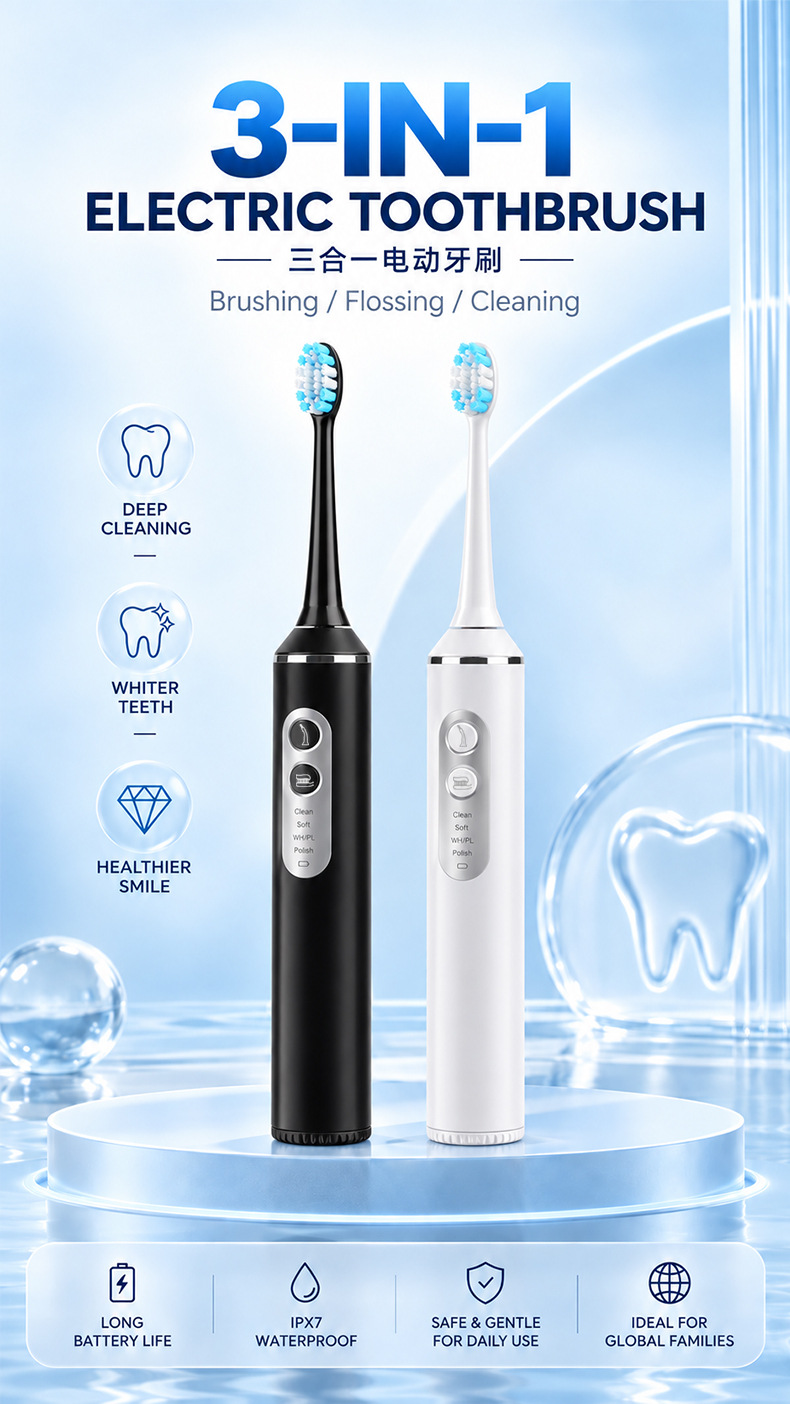 3-in-1 electric toothbrush with sonic wave and water flosser
