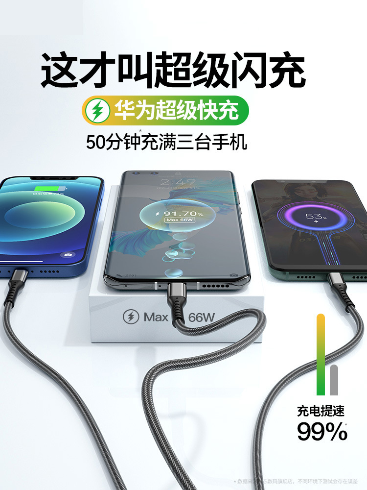 100W 3in1 6A hızlı şarj kablosu, Apple/Android uyumlu