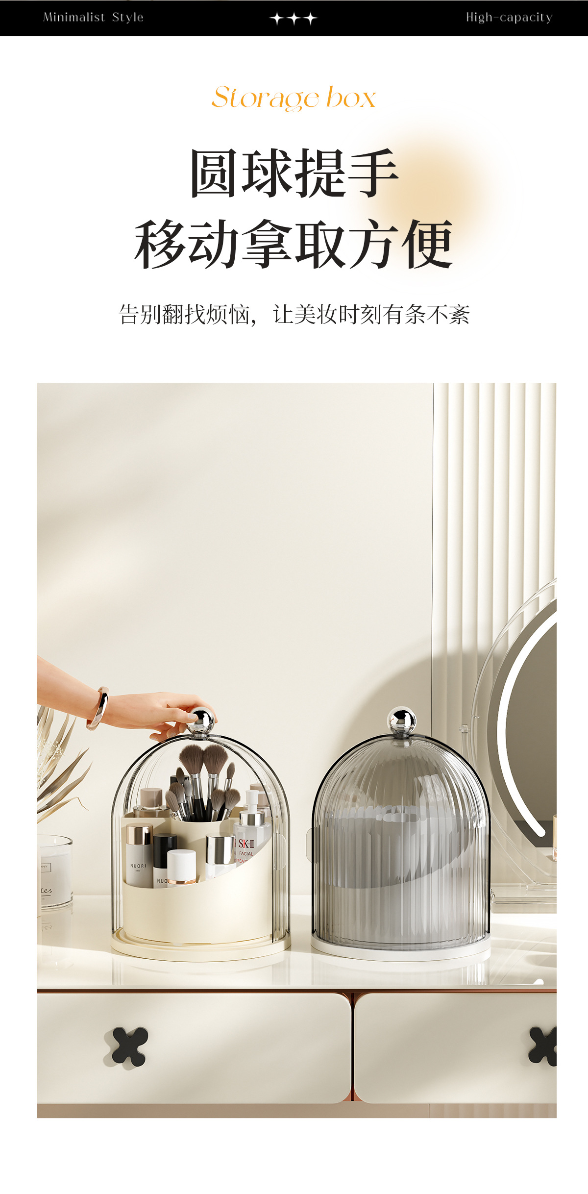 Transparent rotating makeup organizer with brush set and compartments