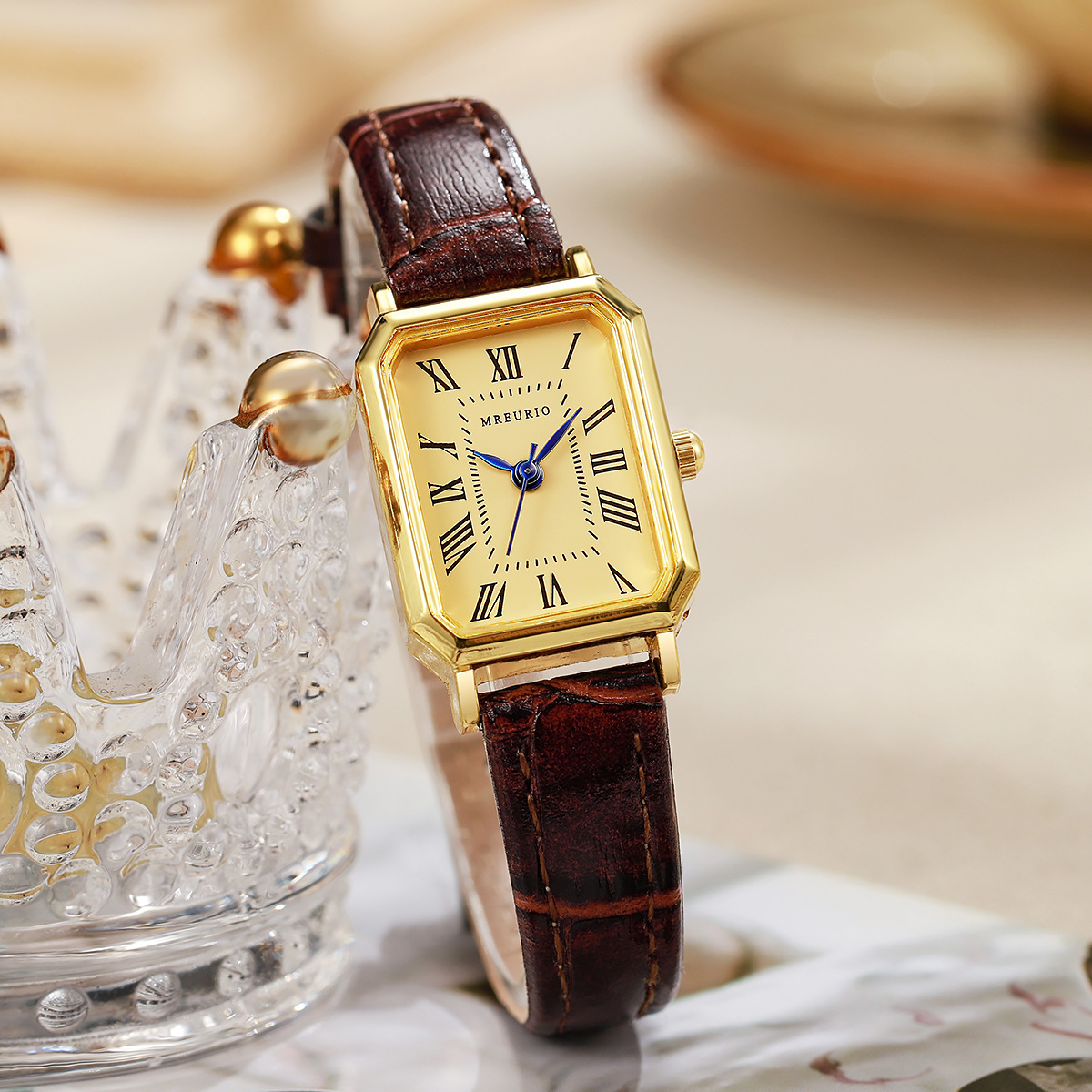 Square women's watch leather strap minimalist French design