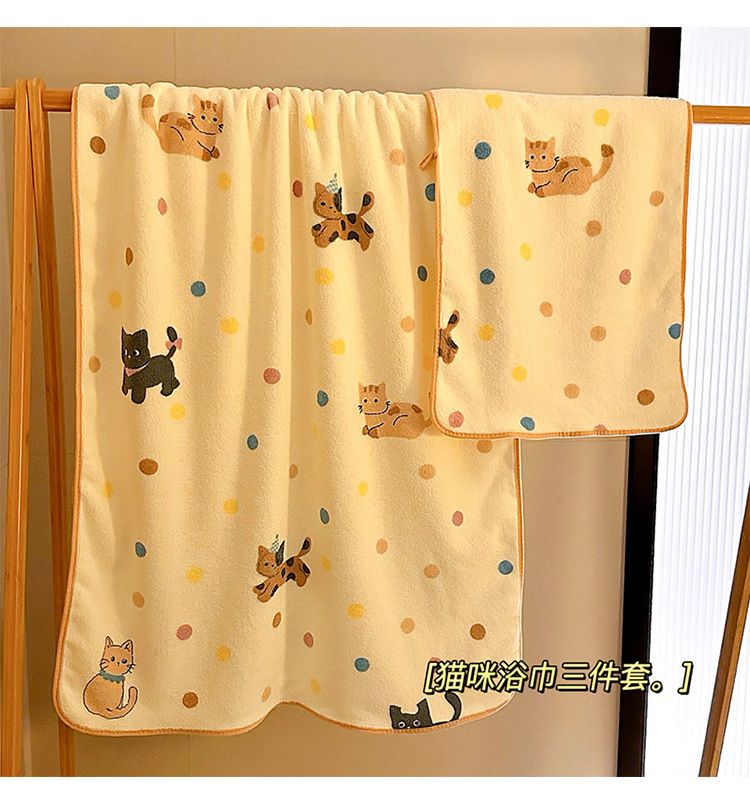 Katzen-Korallen-Fleece Badetuch-Set, 3-teilig
