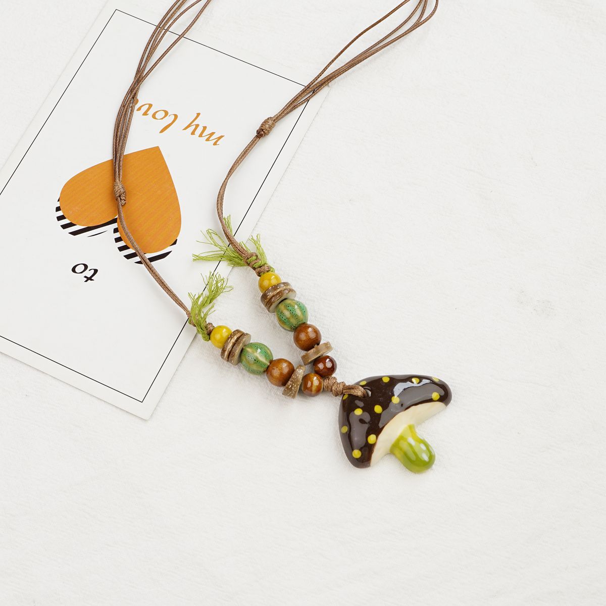Jingdezhen ceramic mushroom pendant, Chinese style long sweater chain