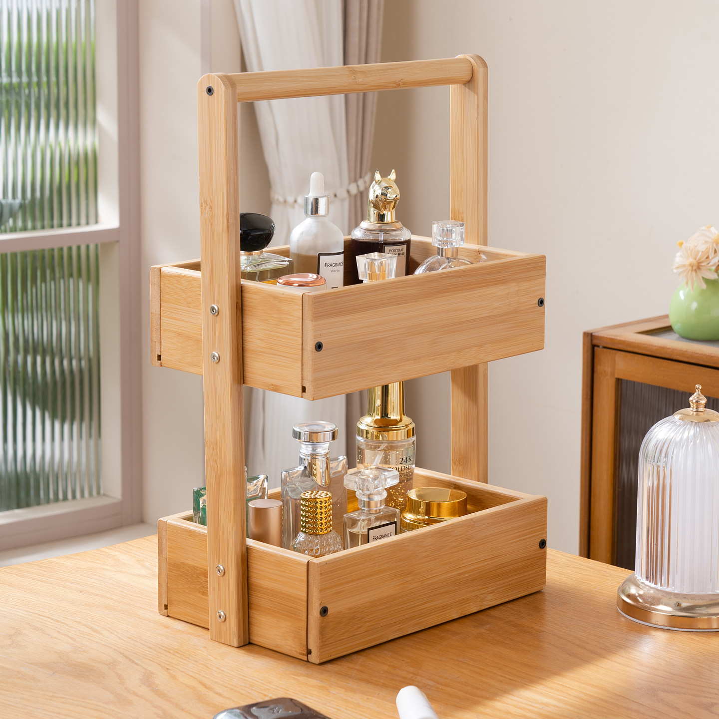 Solid wood cosmetic and jewelry storage shelf with perfume stand