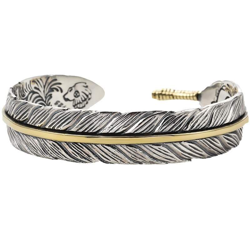Tang pattern feather open cuff bracelet, men's stainless steel