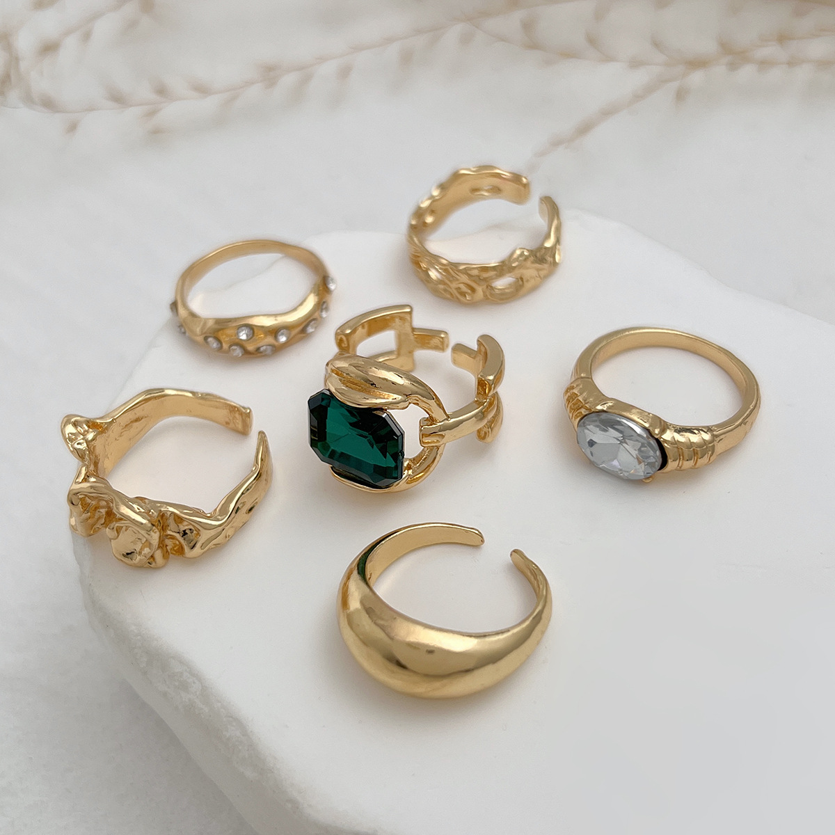 欧美跨境时尚ins风彩色宝石镶嵌戒指套装 金属质感光面指环Rings